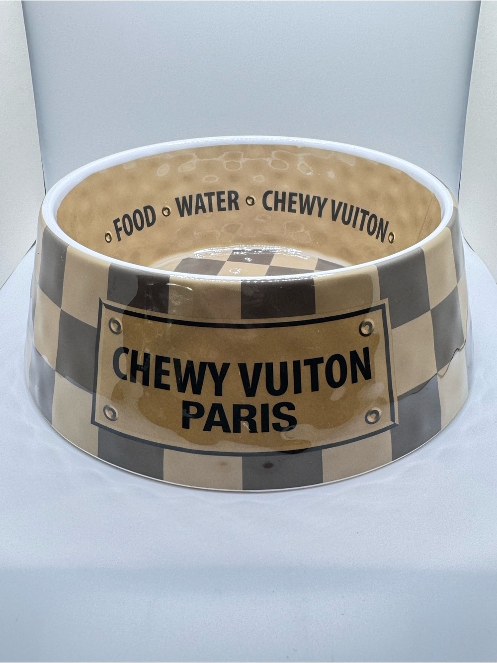 Chewy Vuiton Paris Dog Bowl Tan & Brown Checkered “Luxury” Pet Food Water Bowl - Picture 5 of 8